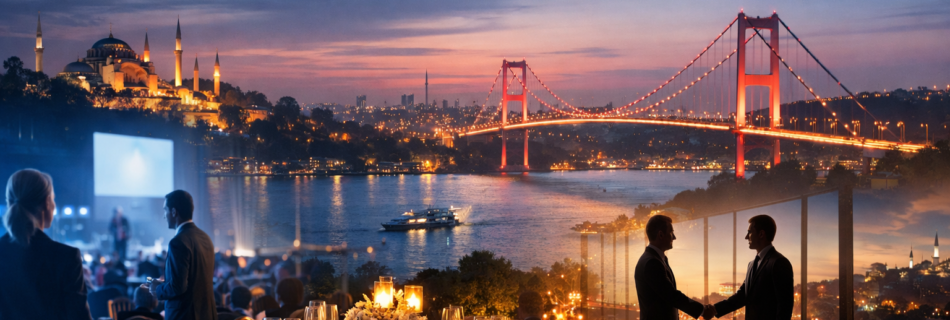 Professional event organization in Istanbul with a Bosphorus view, featuring corporate meetings, gala dinners, and international business events by Invibeglobal.”